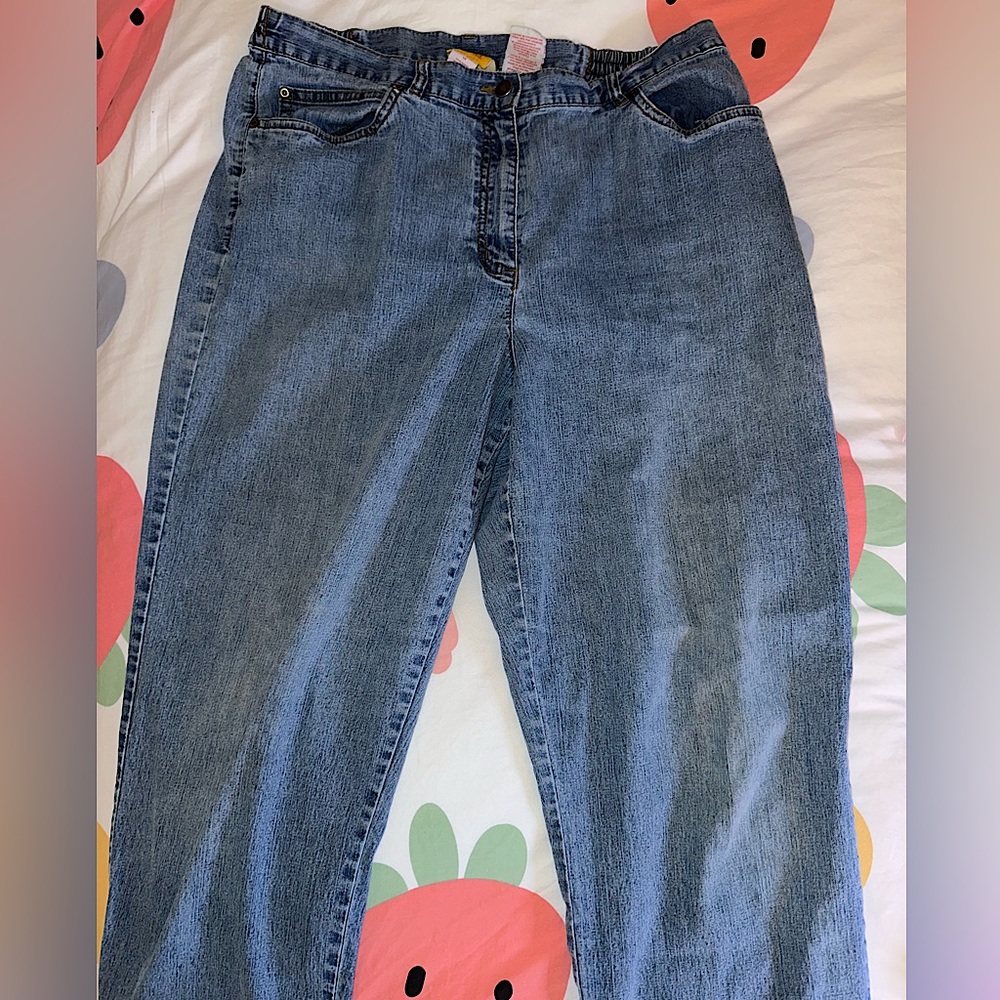 high waisted mom jeans, thinner material with stretchy waistband, size 14